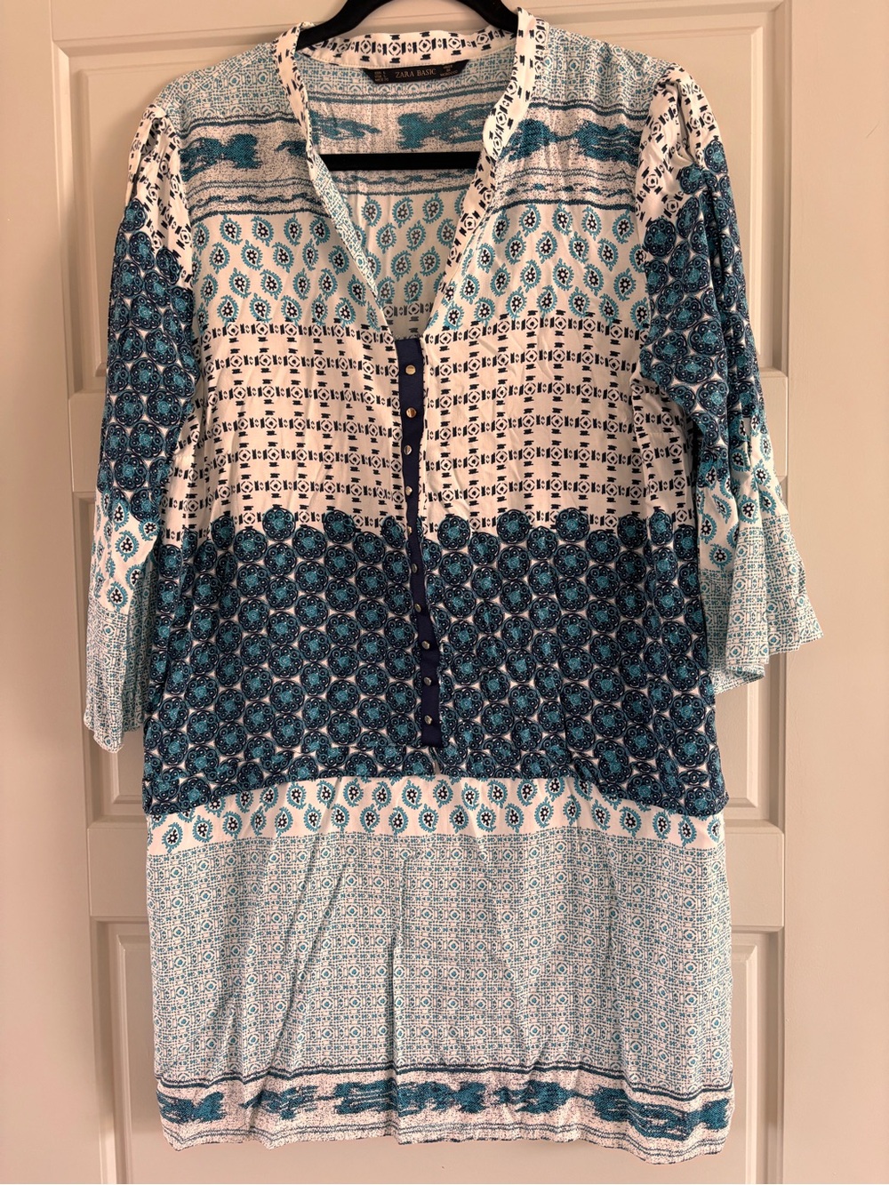 Zara Blue & White Patchwork Print Tunic/Beach Cover Up